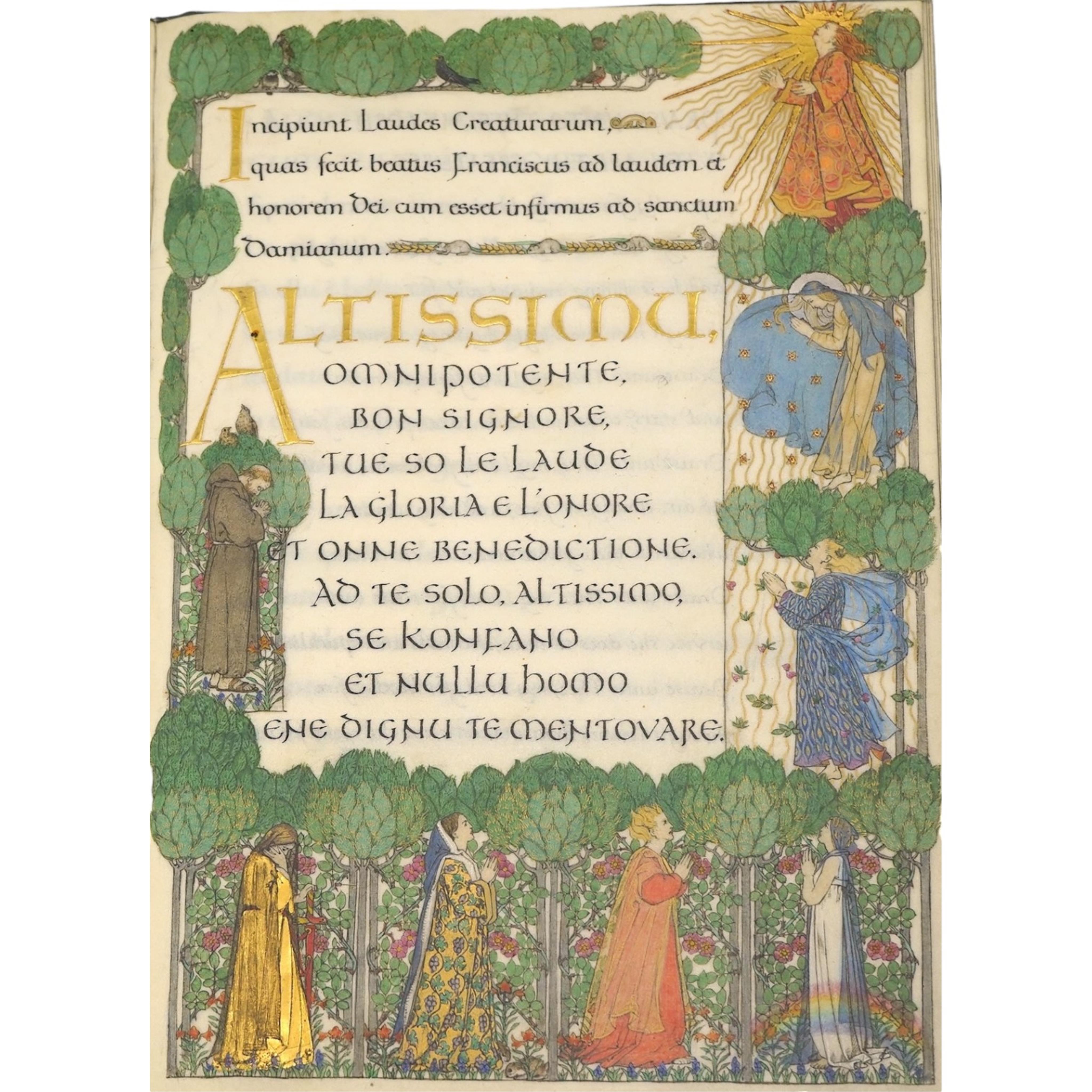 Kingsford, Florence [Lady Cockerell] (1871-1949), (illustrator), Graily Hewitt (1864-1952), (calligrapher) - Hymn of Saint Francis, with an finely executed illuminated title, the borders worked with Saint Francis and sev